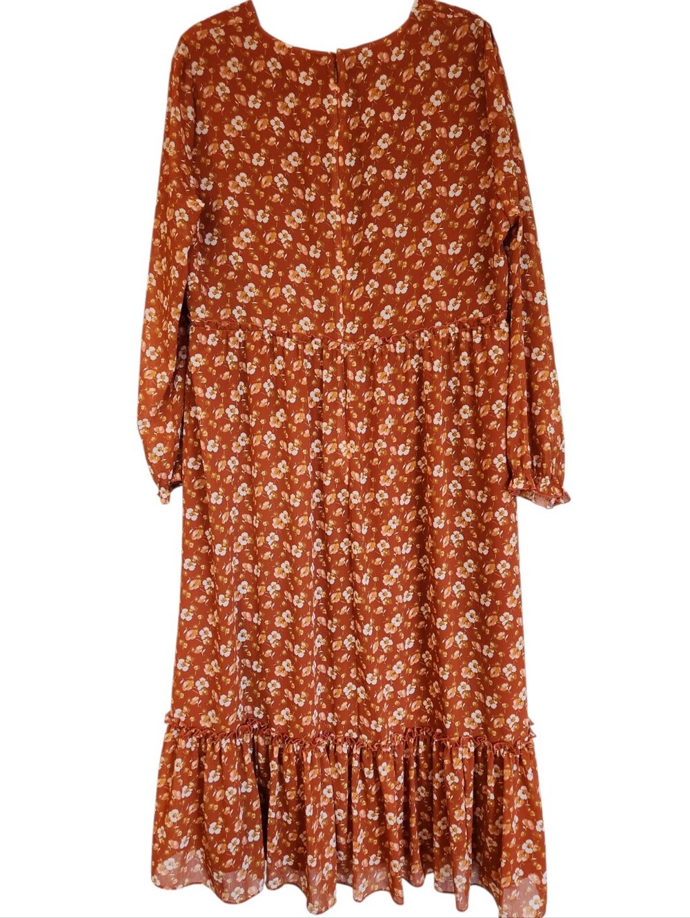 J Crew Factory Crinkle Midi Flounce Dress Rust Floral Size XL Cottagecore Ruffle - Picture 3 of 15